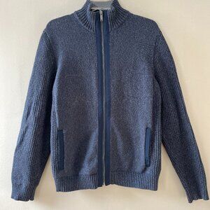 Daniel Hechter Paris Sz M Blue Full Zip Knit Cardigan Sweater Mock Neck Pockets